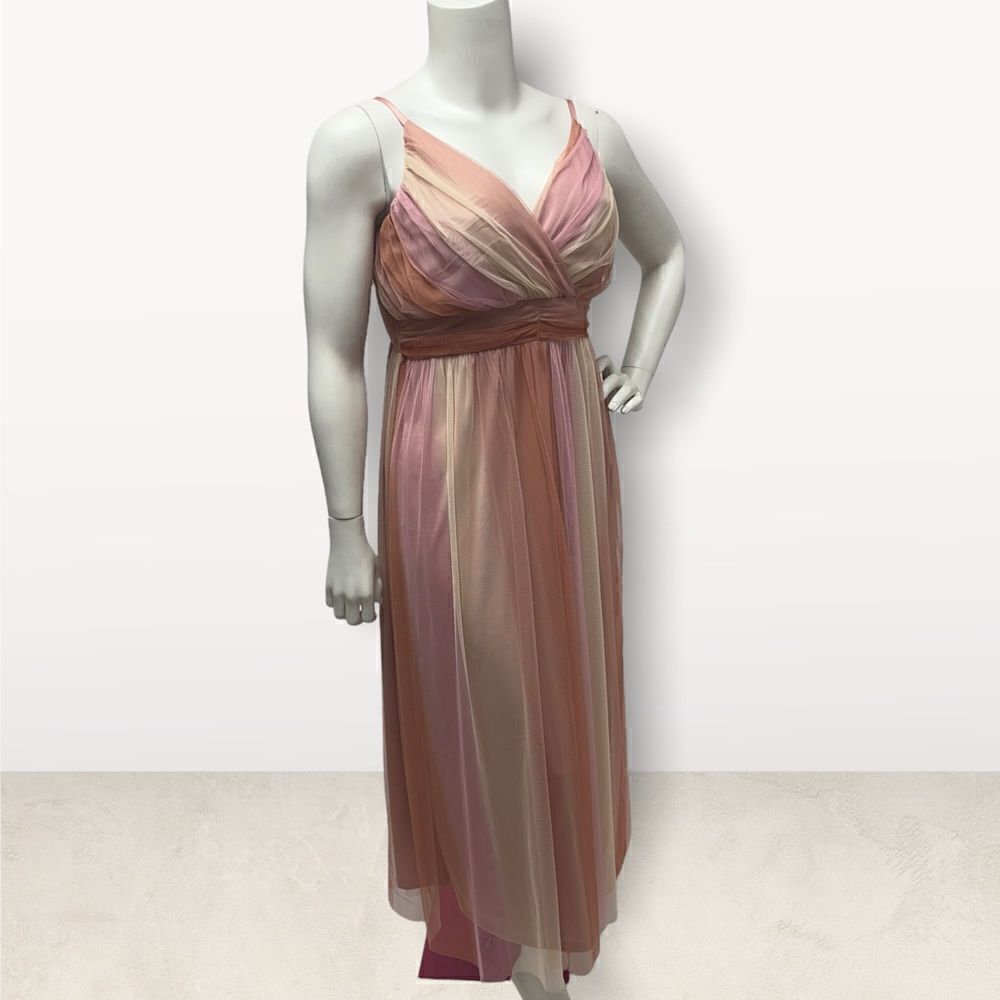 Lovely Grace Pink Ombre Mesh Maxi Dress Pleated V-Neck Formal Gown XL NEW